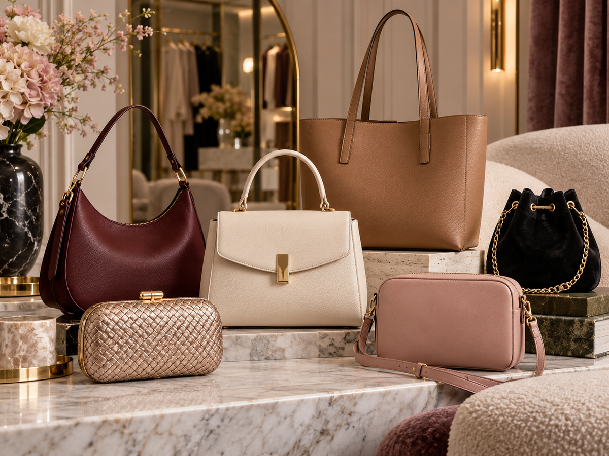 Women's bags collection with tote, shoulder bag, crossbody, bucket bag and clutch
